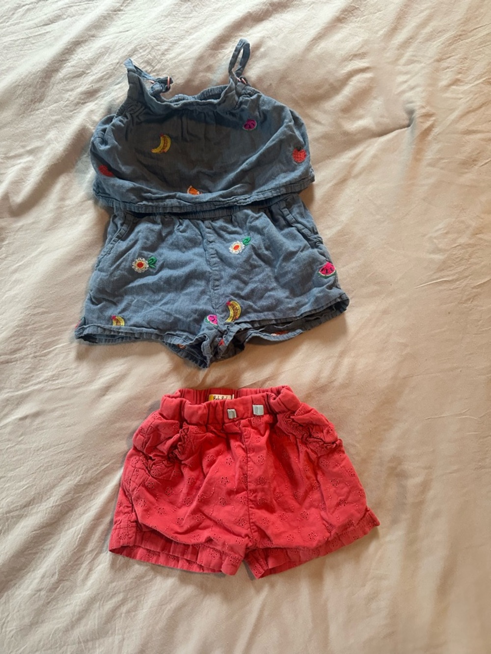 Mini Boden Blue Embroidered Romper with Coral Shorts